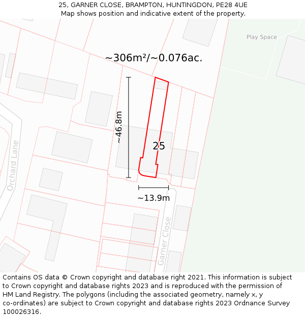 25, GARNER CLOSE, BRAMPTON, HUNTINGDON, PE28 4UE: Plot and title map