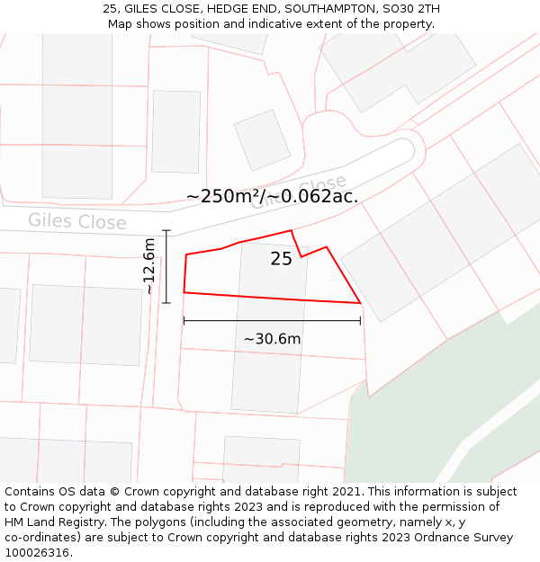 25, GILES CLOSE, HEDGE END, SOUTHAMPTON, SO30 2TH: Plot and title map