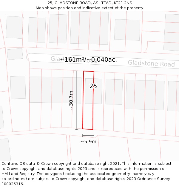 25, GLADSTONE ROAD, ASHTEAD, KT21 2NS: Plot and title map