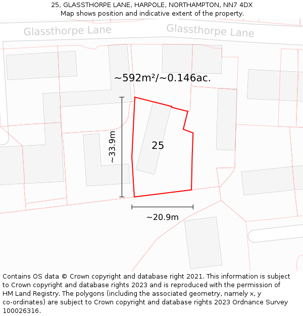25, GLASSTHORPE LANE, HARPOLE, NORTHAMPTON, NN7 4DX: Plot and title map