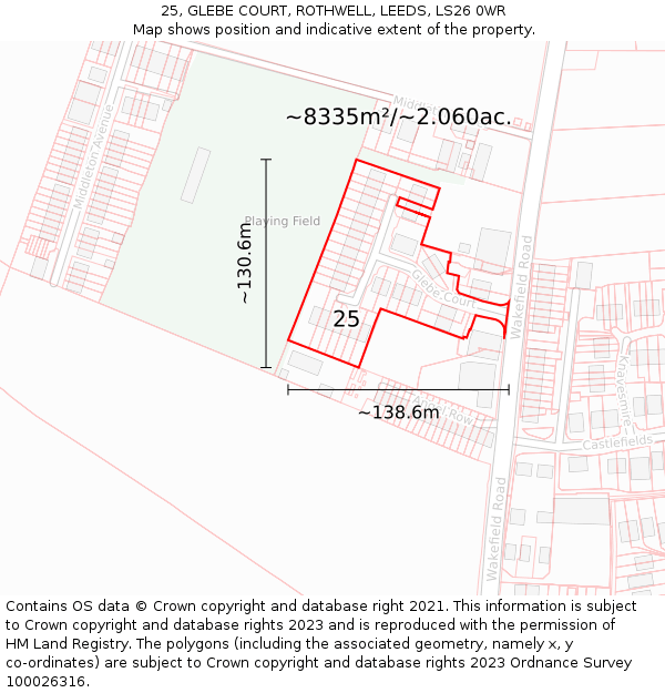 25, GLEBE COURT, ROTHWELL, LEEDS, LS26 0WR: Plot and title map