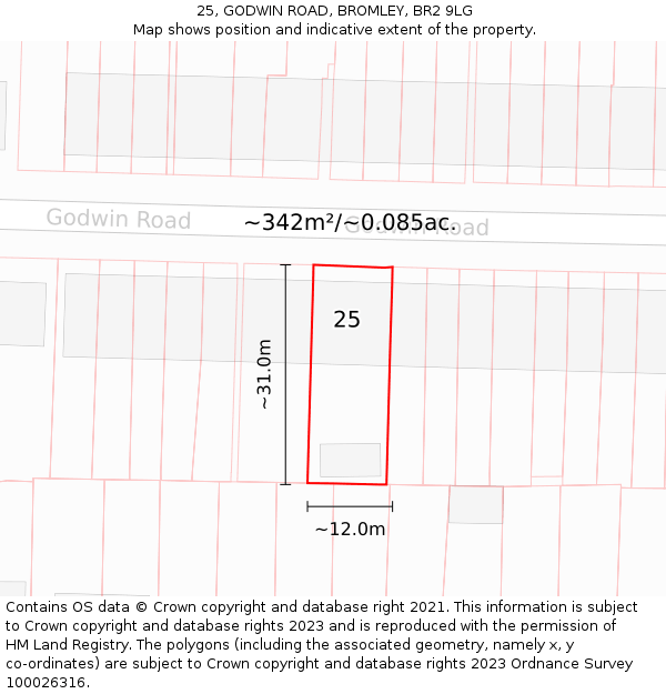 25, GODWIN ROAD, BROMLEY, BR2 9LG: Plot and title map