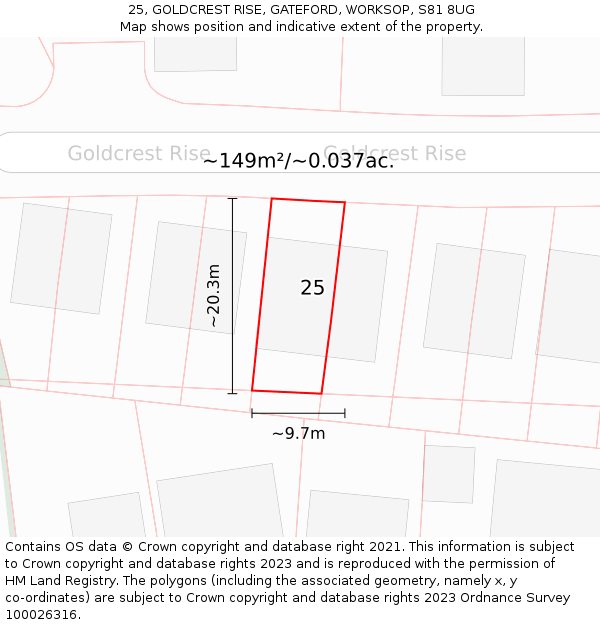 25, GOLDCREST RISE, GATEFORD, WORKSOP, S81 8UG: Plot and title map