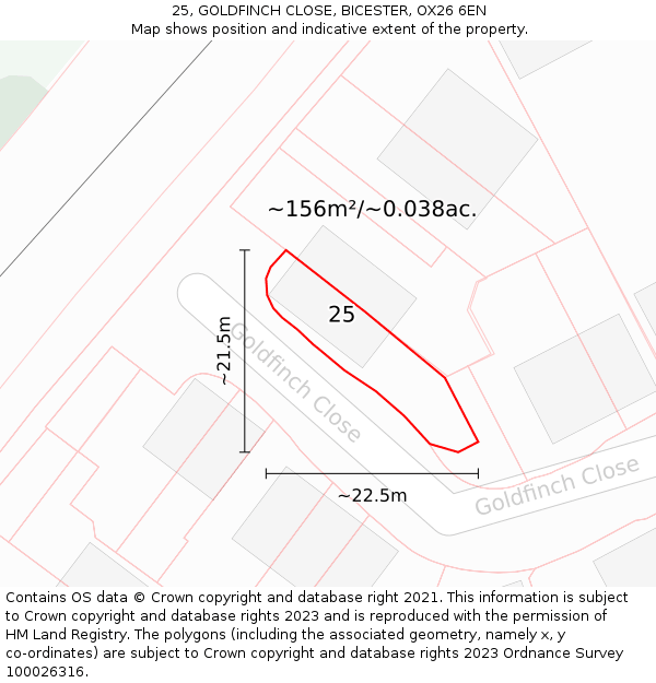 25, GOLDFINCH CLOSE, BICESTER, OX26 6EN: Plot and title map