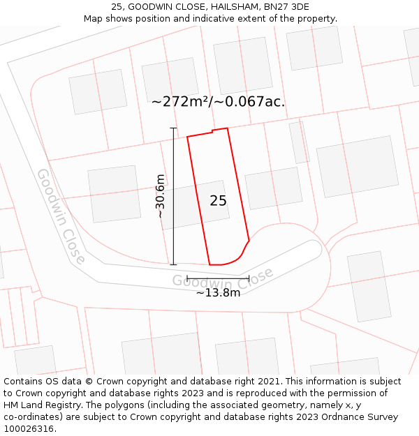 25, GOODWIN CLOSE, HAILSHAM, BN27 3DE: Plot and title map