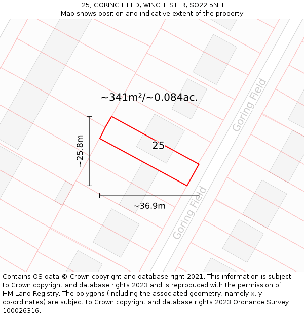 25, GORING FIELD, WINCHESTER, SO22 5NH: Plot and title map