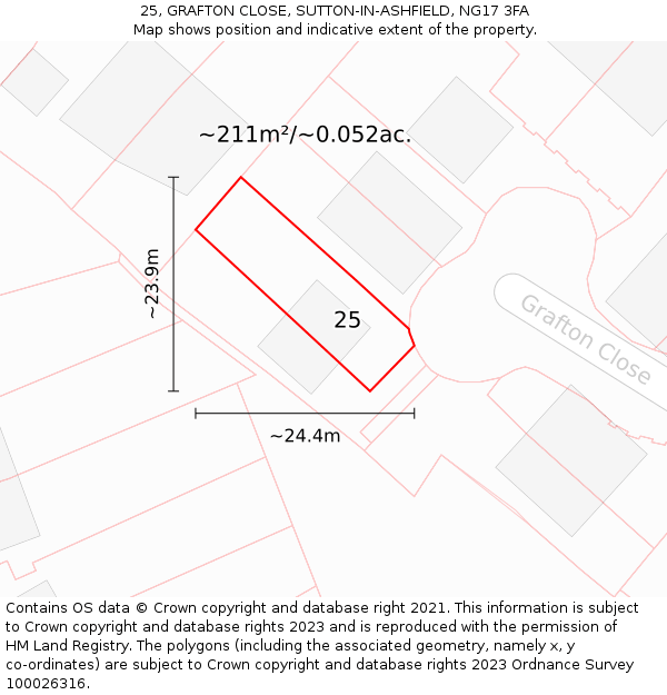25, GRAFTON CLOSE, SUTTON-IN-ASHFIELD, NG17 3FA: Plot and title map