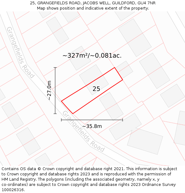 25, GRANGEFIELDS ROAD, JACOBS WELL, GUILDFORD, GU4 7NR: Plot and title map