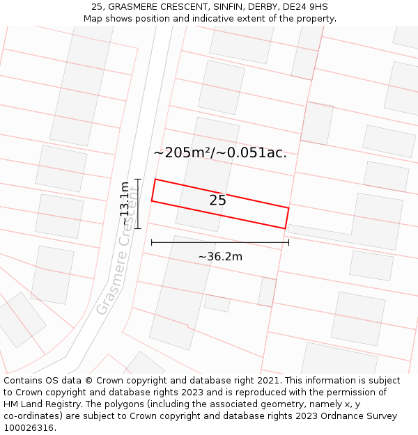 25, GRASMERE CRESCENT, SINFIN, DERBY, DE24 9HS: Plot and title map