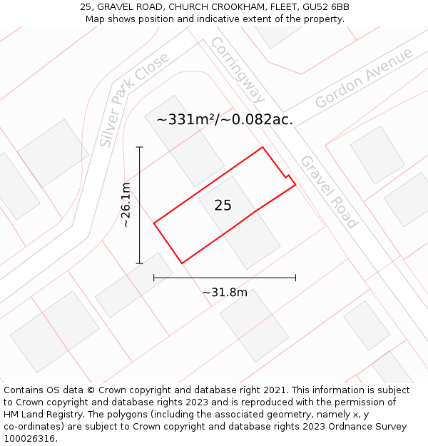 25, GRAVEL ROAD, CHURCH CROOKHAM, FLEET, GU52 6BB: Plot and title map