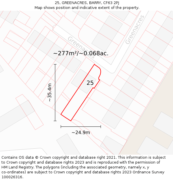 25, GREENACRES, BARRY, CF63 2PJ: Plot and title map