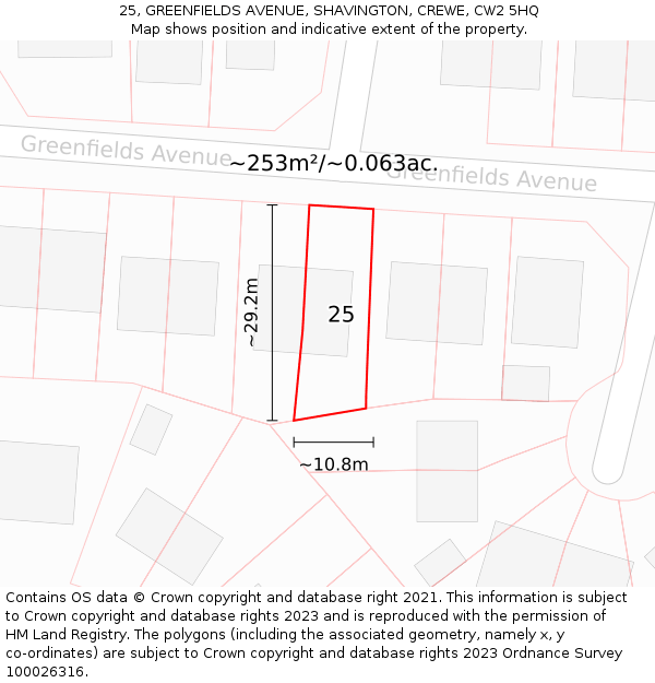 25, GREENFIELDS AVENUE, SHAVINGTON, CREWE, CW2 5HQ: Plot and title map