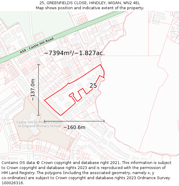 25, GREENFIELDS CLOSE, HINDLEY, WIGAN, WN2 4EL: Plot and title map