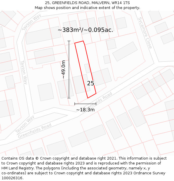 25, GREENFIELDS ROAD, MALVERN, WR14 1TS: Plot and title map