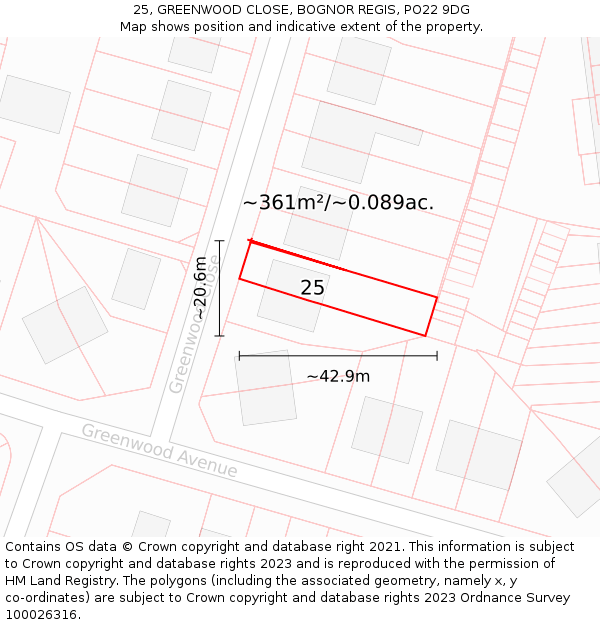 25, GREENWOOD CLOSE, BOGNOR REGIS, PO22 9DG: Plot and title map