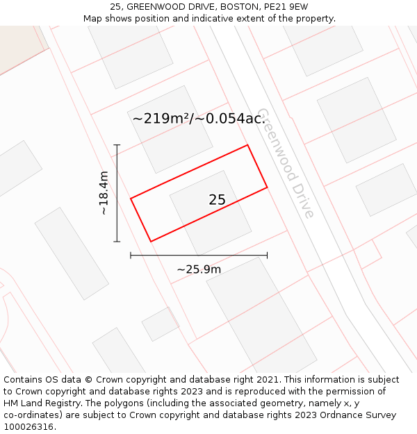 25, GREENWOOD DRIVE, BOSTON, PE21 9EW: Plot and title map
