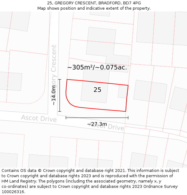 25, GREGORY CRESCENT, BRADFORD, BD7 4PG: Plot and title map