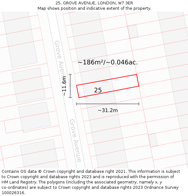 25, GROVE AVENUE, LONDON, W7 3ER: Plot and title map
