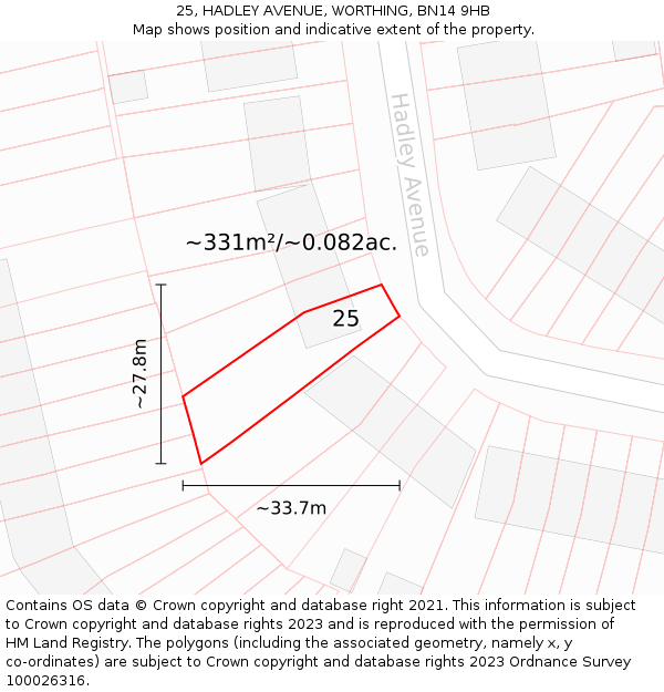 25, HADLEY AVENUE, WORTHING, BN14 9HB: Plot and title map