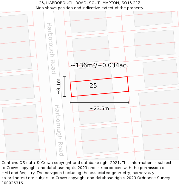 25, HARBOROUGH ROAD, SOUTHAMPTON, SO15 2FZ: Plot and title map