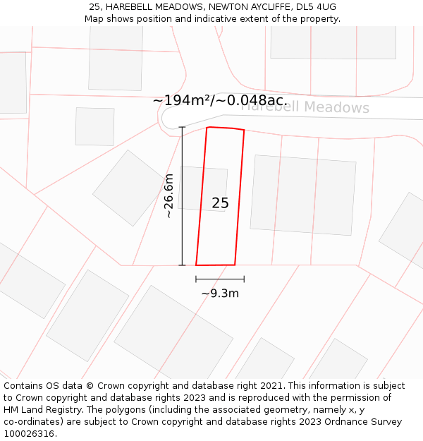 25, HAREBELL MEADOWS, NEWTON AYCLIFFE, DL5 4UG: Plot and title map