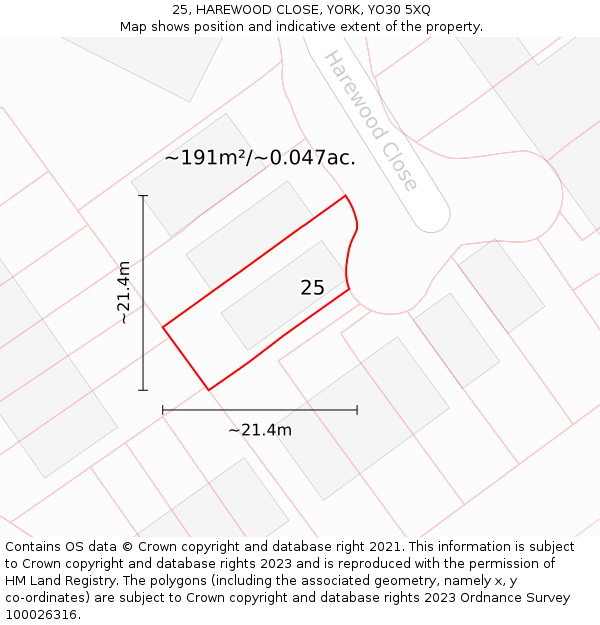 25, HAREWOOD CLOSE, YORK, YO30 5XQ: Plot and title map