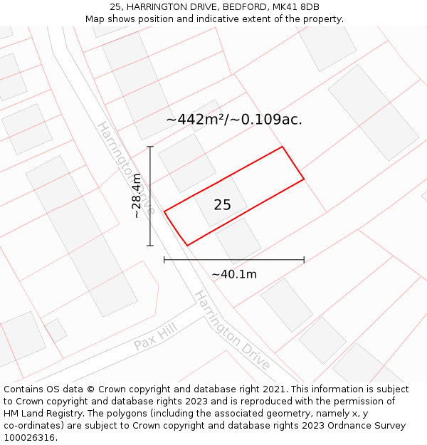 25, HARRINGTON DRIVE, BEDFORD, MK41 8DB: Plot and title map