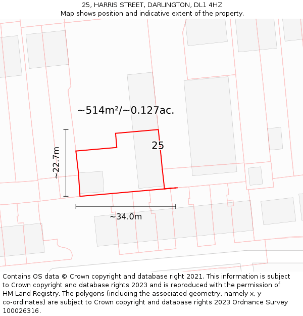 25, HARRIS STREET, DARLINGTON, DL1 4HZ: Plot and title map