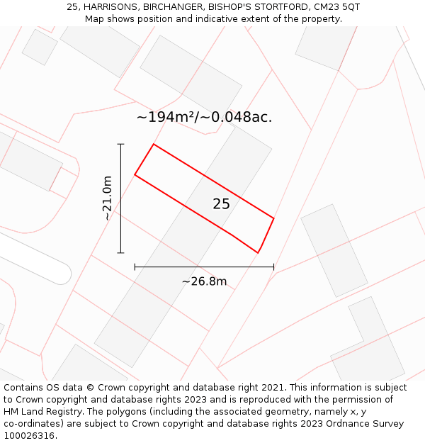 25, HARRISONS, BIRCHANGER, BISHOP'S STORTFORD, CM23 5QT: Plot and title map
