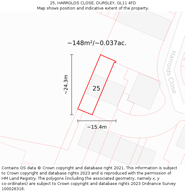 25, HARROLDS CLOSE, DURSLEY, GL11 4FD: Plot and title map