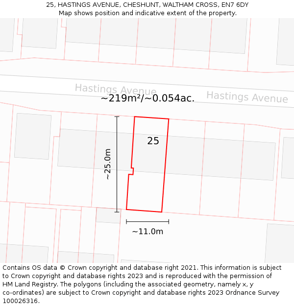 25, HASTINGS AVENUE, CHESHUNT, WALTHAM CROSS, EN7 6DY: Plot and title map