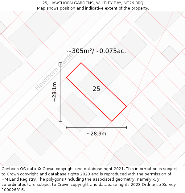 25, HAWTHORN GARDENS, WHITLEY BAY, NE26 3PQ: Plot and title map