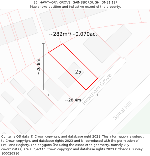 25, HAWTHORN GROVE, GAINSBOROUGH, DN21 1EF: Plot and title map