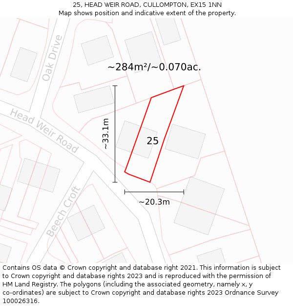 25, HEAD WEIR ROAD, CULLOMPTON, EX15 1NN: Plot and title map