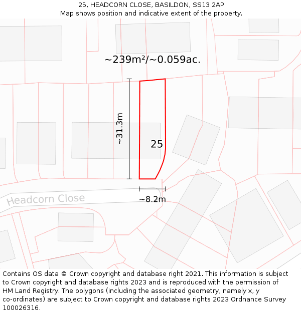 25, HEADCORN CLOSE, BASILDON, SS13 2AP: Plot and title map