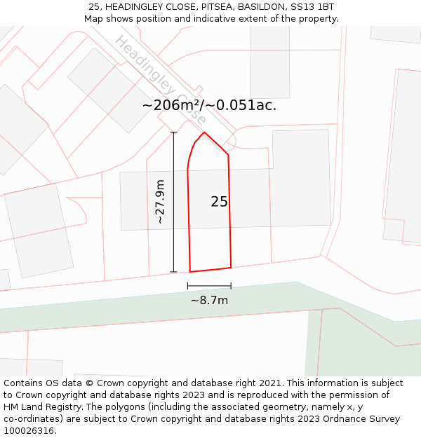 25, HEADINGLEY CLOSE, PITSEA, BASILDON, SS13 1BT: Plot and title map