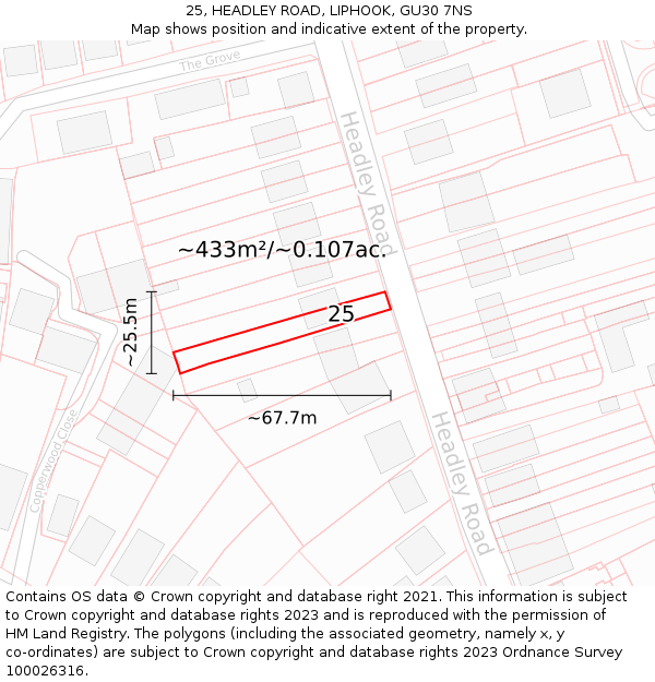 25, HEADLEY ROAD, LIPHOOK, GU30 7NS: Plot and title map