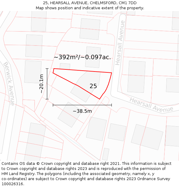 25, HEARSALL AVENUE, CHELMSFORD, CM1 7DD: Plot and title map