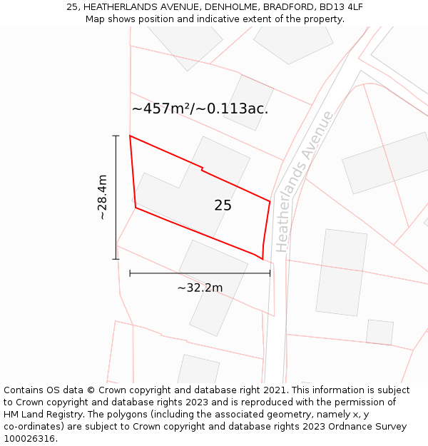 25, HEATHERLANDS AVENUE, DENHOLME, BRADFORD, BD13 4LF: Plot and title map