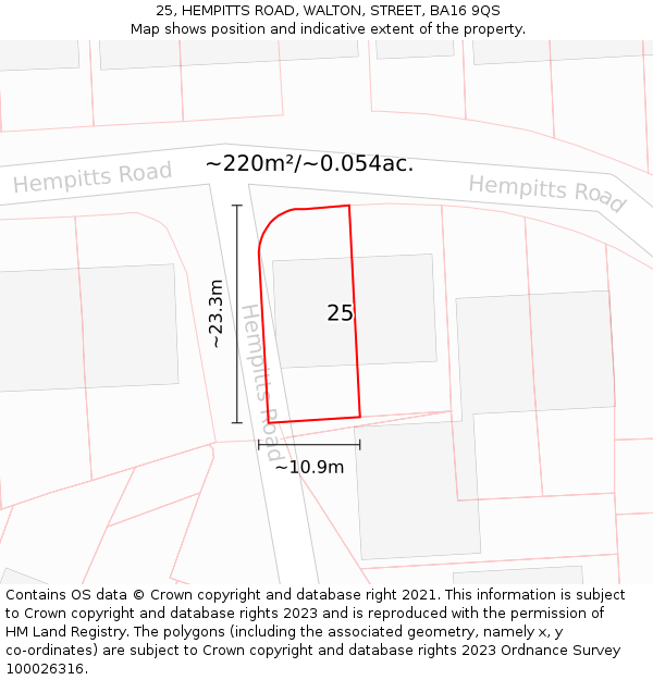 25, HEMPITTS ROAD, WALTON, STREET, BA16 9QS: Plot and title map