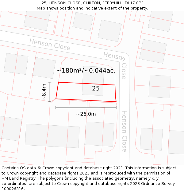 25, HENSON CLOSE, CHILTON, FERRYHILL, DL17 0BF: Plot and title map