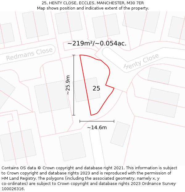 25, HENTY CLOSE, ECCLES, MANCHESTER, M30 7ER: Plot and title map