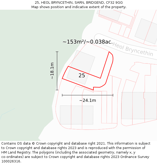 25, HEOL BRYNCETHIN, SARN, BRIDGEND, CF32 9GG: Plot and title map