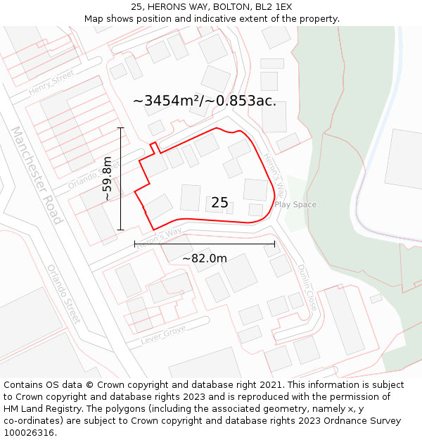 25, HERONS WAY, BOLTON, BL2 1EX: Plot and title map