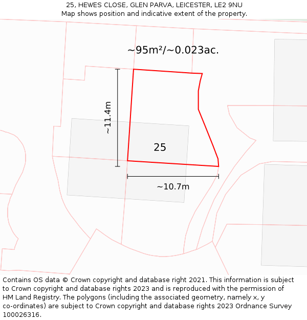 25, HEWES CLOSE, GLEN PARVA, LEICESTER, LE2 9NU: Plot and title map
