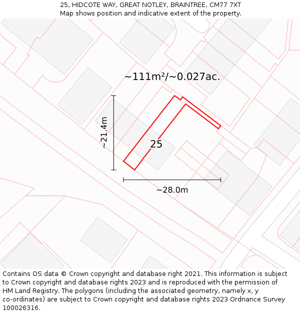 25, HIDCOTE WAY, GREAT NOTLEY, BRAINTREE, CM77 7XT: Plot and title map