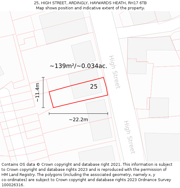 25, HIGH STREET, ARDINGLY, HAYWARDS HEATH, RH17 6TB: Plot and title map