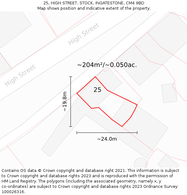 25, HIGH STREET, STOCK, INGATESTONE, CM4 9BD: Plot and title map