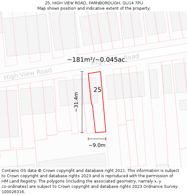 25, HIGH VIEW ROAD, FARNBOROUGH, GU14 7PU: Plot and title map