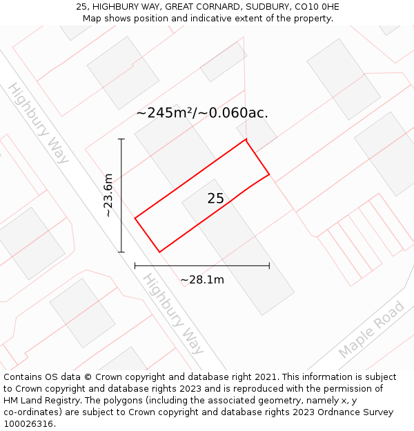 25, HIGHBURY WAY, GREAT CORNARD, SUDBURY, CO10 0HE: Plot and title map